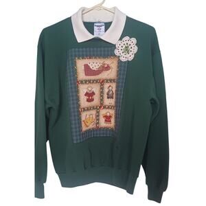 Vintage 90s Jerzees Green Collared Christmas Patchwork Sweatshirt Size Medium